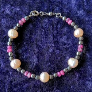 925 Sterling Silver Bracelet With Natural Earth Mined Rubies And Pearls